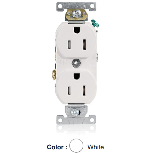 Leviton TCR15-W, Tamper-Resistant Standard Straight Blade Duplex Receptacle, Commercial Specification Grade, Smooth Face, 15A 125V, NEMA 5-15R, 2-Pole, 3-Wire, Self-Grounding, Side Wire Only, White