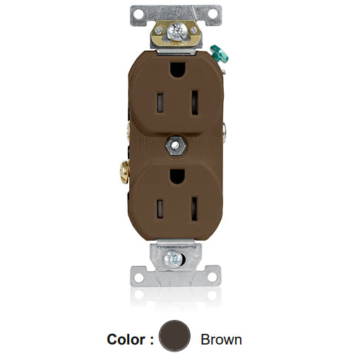 Leviton TCR15, Tamper-Resistant Standard Straight Blade Duplex Receptacle, Commercial Specification Grade, Smooth Face, 15A 125V, NEMA 5-15R, 2-Pole, 3-Wire, Self-Grounding, Side Wire Only, Brown