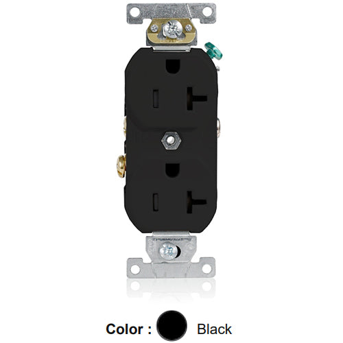 Leviton TCR20-E, Tamper-Resistant Standard Straight Blade Duplex Receptacle, Commercial Specification Grade, Smooth Face, 20A 125V, NEMA 5-20R, 2-Pole, 3-Wire, Self-Grounding, Side Wire Only, Black