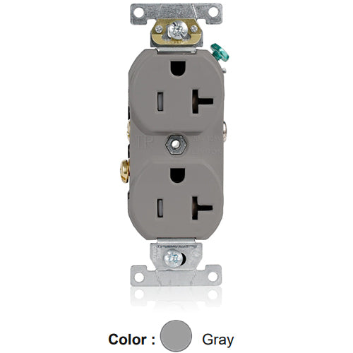 Leviton TCR20-GY, Tamper-Resistant Standard Straight Blade Duplex Receptacle, Commercial Specification Grade, Smooth Face, 20A 125V, NEMA 5-20R, 2-Pole, 3-Wire, Self-Grounding, Side Wire Only, Gray