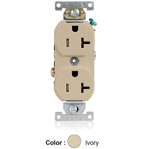 Leviton TCR20-I, Tamper-Resistant Standard Straight Blade Duplex Receptacle, Commercial Specification Grade, Smooth Face, 20A 125V, NEMA 5-20R, 2-Pole, 3-Wire, Self-Grounding, Side Wire Only, Ivory