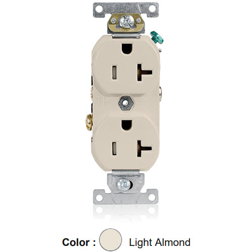 Leviton TCR20-T, Tamper-Resistant Standard Straight Blade Duplex Receptacle, Commercial Specification Grade, Smooth Face, 20A 125V, NEMA 5-20R, 2-Pole, 3-Wire, Self-Grounding, Side Wire Only, Light Almond
