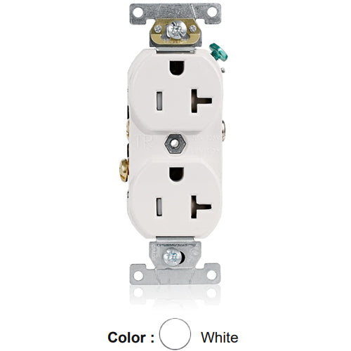 Leviton TCR20-W, Tamper-Resistant Standard Straight Blade Duplex Receptacle, Commercial Specification Grade, Smooth Face, 20A 125V, NEMA 5-20R, 2-Pole, 3-Wire, Self-Grounding, Side Wire Only, White