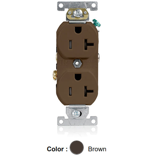 Leviton TCR20, Tamper-Resistant Standard Straight Blade Duplex Receptacle, Commercial Specification Grade, Smooth Face, 20A 125V, NEMA 5-20R, 2-Pole, 3-Wire, Self-Grounding, Side Wire Only, Brown