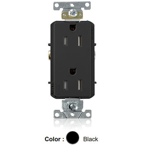Leviton TDR15-E, Decora Plus Straight Blade Duplex Receptacle, Heavy-Duty Industrial Specification Grade, Tamper-Resistant, Smooth Face, 15A 125V, NEMA 5-15R, 2-Pole, 3-Wire, Back and Side Wire, Black