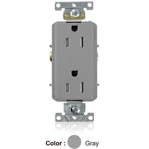 Leviton TDR15-GY, Decora Plus Straight Blade Duplex Receptacle, Heavy-Duty Industrial Specification Grade, Tamper-Resistant, Smooth Face, 15A 125V, NEMA 5-15R, 2-Pole, 3-Wire, Back and Side Wire, Gray