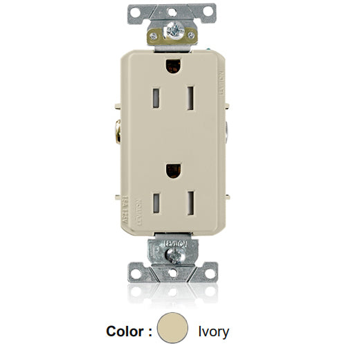 Leviton TDR15-I, Decora Plus Straight Blade Duplex Receptacle, Heavy-Duty Industrial Specification Grade, Tamper-Resistant, Smooth Face, 15A 125V, NEMA 5-15R, 2-Pole, 3-Wire, Back and Side Wire, Ivory