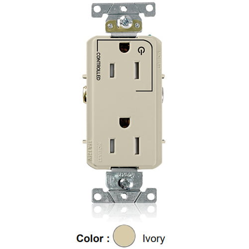 Leviton TDR15-S1I, Decora Plus Straight Blade Duplex Receptacle, Heavy-Duty Industrial Specification Grade, Split-Circuit, One Outlet Marked ''Controlled'', Smooth Face, Tamper-Resistant, 15A 125V, NEMA 5-15R, 2-Pole, 3-Wire, Ivory