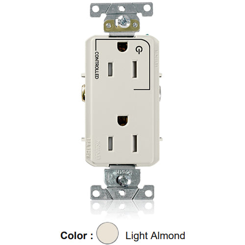 Leviton TDR15-S1T, Decora Plus Straight Blade Duplex Receptacle, Heavy-Duty Industrial Specification Grade, Split-Circuit, One Outlet Marked ''Controlled'', Smooth Face, Tamper-Resistant, 15A 125V, NEMA 5-15R, 2-Pole, 3-Wire, Light Almond