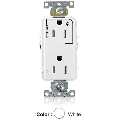 Leviton TDR15-S1W, Decora Plus Straight Blade Duplex Receptacle, Heavy-Duty Industrial Specification Grade, Split-Circuit, One Outlet Marked ''Controlled'', Smooth Face, Tamper-Resistant, 15A 125V, NEMA 5-15R, 2-Pole, 3-Wire, White