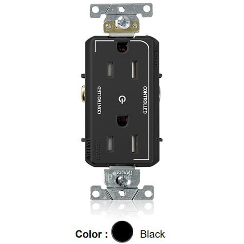 Leviton TDR15-S2E, Decora Plus Straight Blade Duplex Receptacle, Heavy-Duty Industrial Specification Grade, Two Outlets Marked ''Controlled'', Smooth Face, Tamper-Resistant, 15A 125V, NEMA 5-15R, 2-Pole, 3-Wire, Black