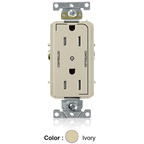 Leviton TDR15-S2I, Decora Plus Straight Blade Duplex Receptacle, Heavy-Duty Industrial Specification Grade, Two Outlets Marked ''Controlled'', Smooth Face, Tamper-Resistant, 15A 125V, NEMA 5-15R, 2-Pole, 3-Wire, Ivory