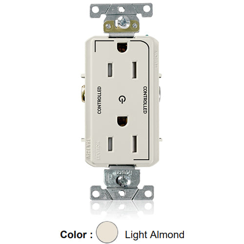 Leviton TDR15-S2T, Decora Plus Straight Blade Duplex Receptacle, Heavy-Duty Industrial Specification Grade, Two Outlets Marked ''Controlled'', Smooth Face, Tamper-Resistant, 15A 125V, NEMA 5-15R, 2-Pole, 3-Wire, Light Almond