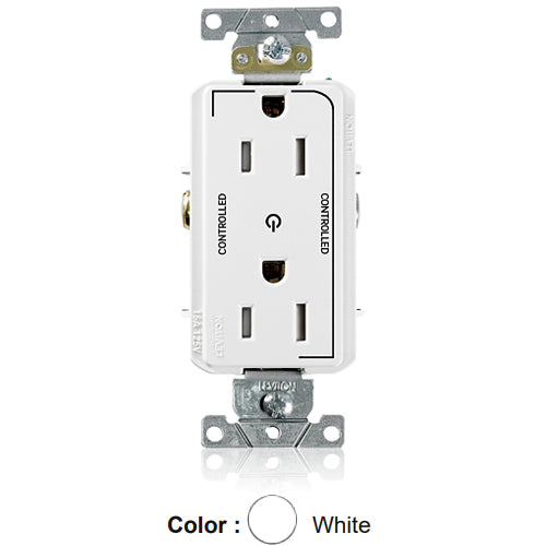 Leviton TDR15-S2W, Decora Plus Straight Blade Duplex Receptacle, Heavy-Duty Industrial Specification Grade, Two Outlets Marked ''Controlled'', Smooth Face, Tamper-Resistant, 15A 125V, NEMA 5-15R, 2-Pole, 3-Wire, White