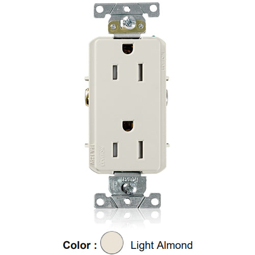 Leviton TDR15-T, Decora Plus Straight Blade Duplex Receptacle, Heavy-Duty Industrial Specification Grade, Tamper-Resistant, Smooth Face, 15A 125V, NEMA 5-15R, 2-Pole, 3-Wire, Back and Side Wire, Light Almond