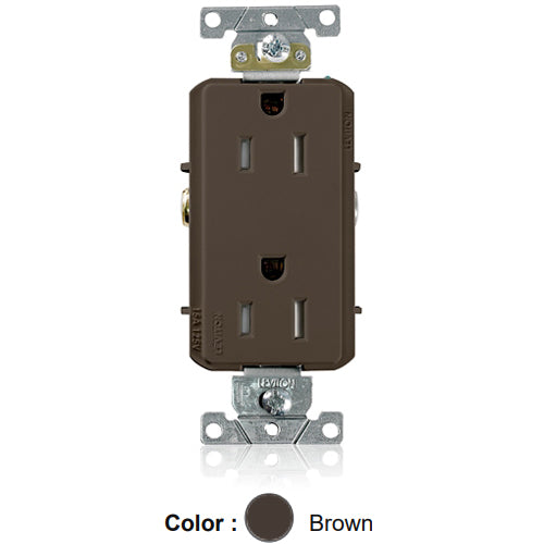 Leviton TDR15, Decora Plus Straight Blade Duplex Receptacle, Heavy-Duty Industrial Specification Grade, Tamper-Resistant, Smooth Face, 15A 125V, NEMA 5-15R, 2-Pole, 3-Wire, Back and Side Wire, Brown