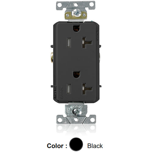 Leviton TDR20-E, Decora Plus Straight Blade Duplex Receptacle, Heavy-Duty Industrial Specification Grade, Tamper-Resistant, Smooth Face, 20A 125V, NEMA 5-20R, 2-Pole, 3-Wire, Back and Side Wire, Black
