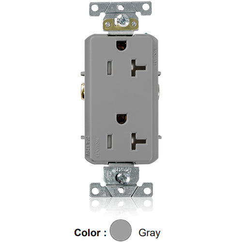 Leviton TDR20-GY, Decora Plus Straight Blade Duplex Receptacle, Heavy-Duty Industrial Specification Grade, Tamper-Resistant, Smooth Face, 20A 125V, NEMA 5-20R, 2-Pole, 3-Wire, Back and Side Wire, Gray