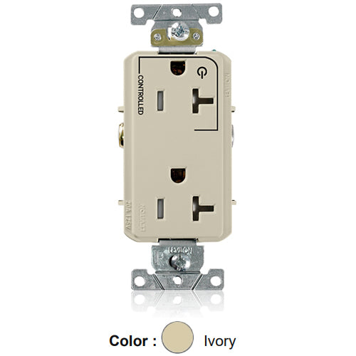 Leviton TDR20-S1I, Decora Plus Straight Blade Duplex Receptacle, Heavy-Duty Industrial Specification Grade, Split-Circuit, One Outlet Marked ''Controlled'', Smooth Face, Tamper-Resistant, 20A 125V, NEMA 5-20R, 2-Pole, 3-Wire, Ivory