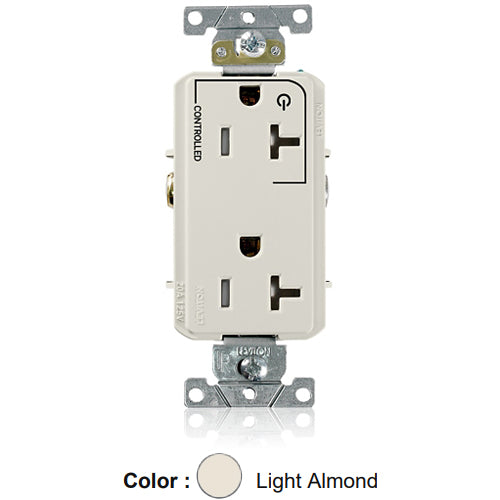 Leviton TDR20-S1T, Decora Plus Straight Blade Duplex Receptacle, Heavy-Duty Industrial Specification Grade, Split-Circuit, One Outlet Marked ''Controlled'', Smooth Face, Tamper-Resistant, 20A 125V, NEMA 5-20R, 2-Pole, 3-Wire, Light Almond