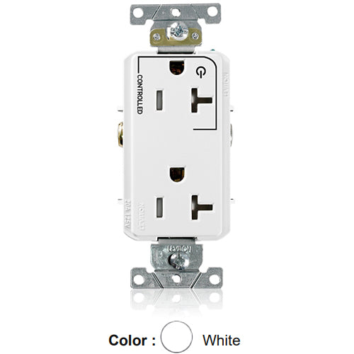 Leviton TDR20-S1W, Decora Plus Straight Blade Duplex Receptacle, Heavy-Duty Industrial Specification Grade, Split-Circuit, One Outlet Marked ''Controlled'', Smooth Face, Tamper-Resistant, 20A 125V, NEMA 5-20R, 2-Pole, 3-Wire, White