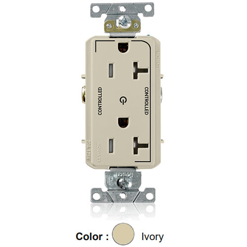 Leviton TDR20-S2I, Decora Plus Straight Blade Duplex Receptacle, Heavy-Duty Industrial Specification Grade, Two Outlets Marked ''Controlled'', Smooth Face, Tamper-Resistant, 20A 125V, NEMA 5-20R, 2-Pole, 3-Wire, Ivory