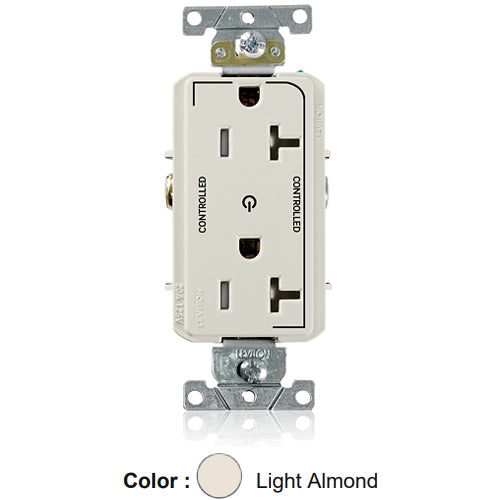 Leviton TDR20-S2T, Decora Plus Straight Blade Duplex Receptacle, Heavy-Duty Industrial Specification Grade, Two Outlets Marked ''Controlled'', Smooth Face, Tamper-Resistant, 20A 125V, NEMA 5-20R, 2-Pole, 3-Wire, Light Almond