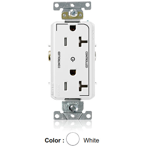 Leviton TDR20-S2W, Decora Plus Straight Blade Duplex Receptacle, Heavy-Duty Industrial Specification Grade, Two Outlets Marked ''Controlled'', Smooth Face, Tamper-Resistant, 20A 125V, NEMA 5-20R, 2-Pole, 3-Wire, White