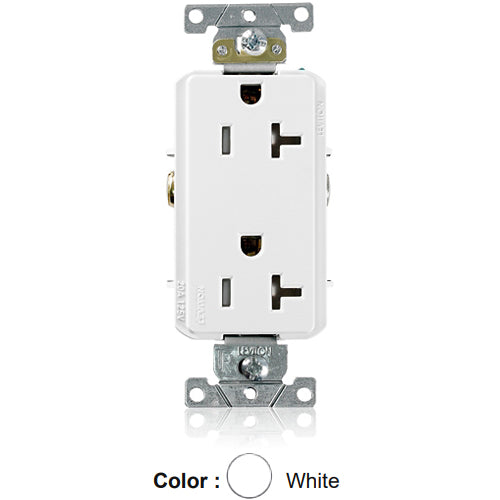 Leviton TDR20-W, Decora Plus Straight Blade Duplex Receptacle, Heavy-Duty Industrial Specification Grade, Tamper-Resistant, Smooth Face, 20A 125V, NEMA 5-20R, 2-Pole, 3-Wire, Back and Side Wire, White