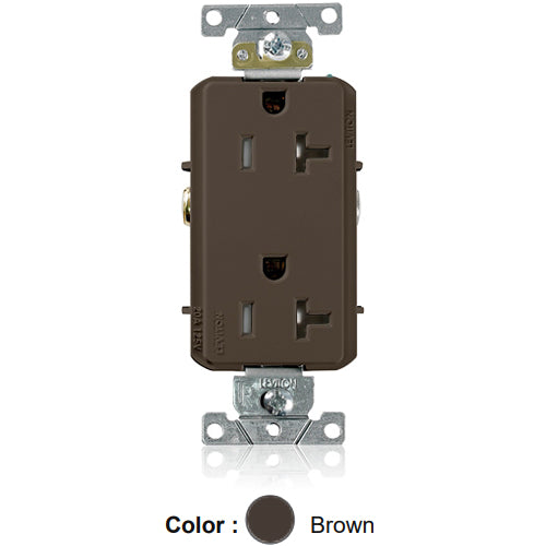 Leviton TDR20, Decora Plus Straight Blade Duplex Receptacle, Heavy-Duty Industrial Specification Grade, Tamper-Resistant, Smooth Face, 20A 125V, NEMA 5-20R, 2-Pole, 3-Wire, Back and Side Wire, Brown