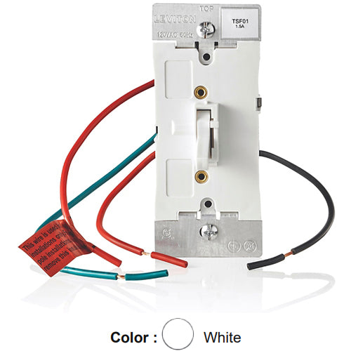 Leviton TSF01-10W, 1.5A Quiet Toggle Slide Fan Speed Control, 3-Speed, 120VAC, 60Hz, Single Pole or 3-Way, White