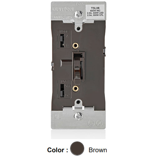 Leviton TSL06-1LB, Toggle Slide Dimmer with LED Locator for Dimmable 300W LED and CFL, 600W Incandescent, Single Pole or 3-Way, Brown