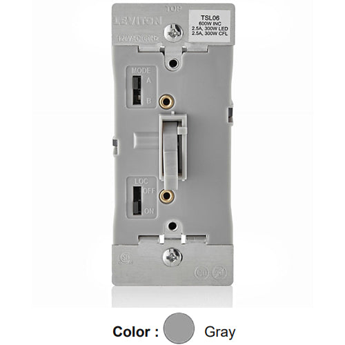 Leviton TSL06-1LG, Toggle Slide Dimmer with LED Locator for Dimmable 300W LED and CFL, 600W Incandescent, Single Pole or 3-Way, Gray