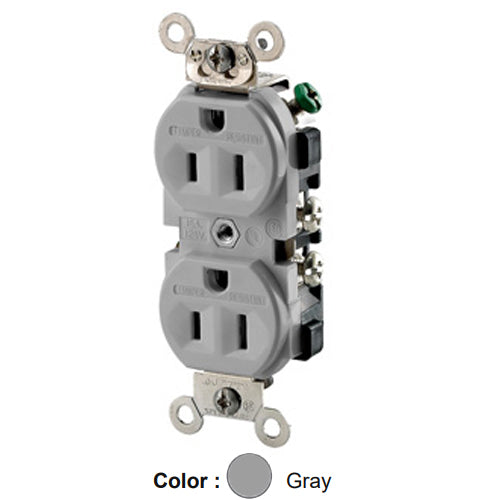 Leviton TWR15-GY, Tamper and Weather-Resistant Standard Straight Blade Duplex Receptacle, Heavy-Duty Industrial Specification Grade, Smooth Face, 15A 125V, NEMA 5-15R, 2-Pole, 3-Wire, Self-Grounding, Back and Side Wire, Gray