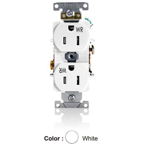 Leviton TWR15-W, Tamper and Weather-Resistant Standard Straight Blade Duplex Receptacle, Heavy-Duty Industrial Specification Grade, Smooth Face, 15A 125V, NEMA 5-15R, 2-Pole, 3-Wire, Self-Grounding, Back and Side Wire, White