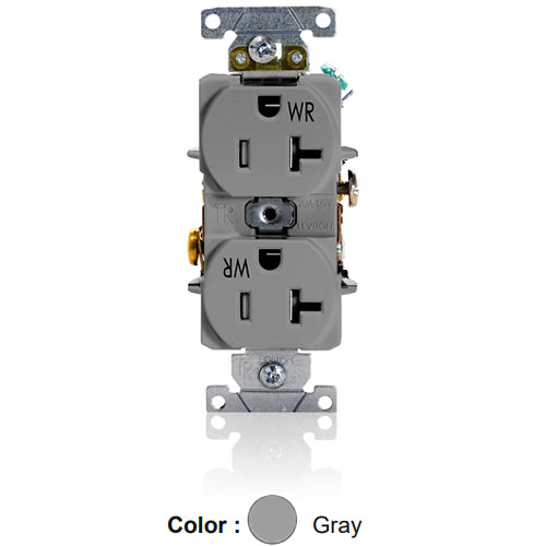 Leviton TWR20-GY, Tamper and Weather-Resistant Standard Straight Blade Duplex Receptacle, Heavy-Duty Industrial Specification Grade, Smooth Face, 20A 125V, NEMA 5-20R, 2-Pole, 3-Wire, Self-Grounding, Back and Side Wire, Gray