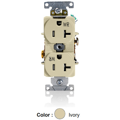 Leviton TWR20-I, Tamper and Weather-Resistant Standard Straight Blade Duplex Receptacle, Heavy-Duty Industrial Specification Grade, Smooth Face, 20A 125V, NEMA 5-20R, 2-Pole, 3-Wire, Self-Grounding, Back and Side Wire, Ivory