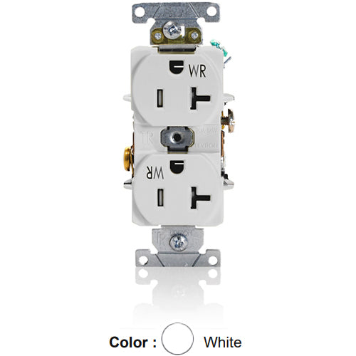 Leviton TWR20-W, Tamper and Weather-Resistant Standard Straight Blade Duplex Receptacle, Heavy-Duty Industrial Specification Grade, Smooth Face, 20A 125V, NEMA 5-20R, 2-Pole, 3-Wire, Self-Grounding, Back and Side Wire, White