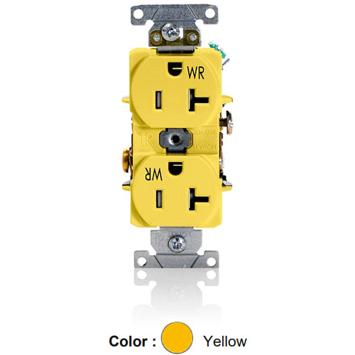 Leviton TWR20-Y, Tamper and Weather-Resistant Standard Straight Blade Duplex Receptacle, Heavy-Duty Industrial Specification Grade, Smooth Face, 20A 125V, NEMA 5-20R, 2-Pole, 3-Wire, Self-Grounding, Back and Side Wire, Yellow