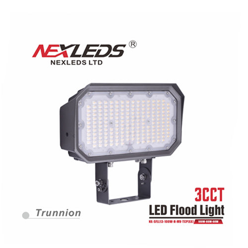 NEXLEDS NXSFLL-13-30W-H-MV-TCP(Trunnion), 3CCT LED Flood Light, CCT and Wattage Adjustable, 120-347VAC, 15/20/30W, 130LM/W, 3000/4000/5000K, Bronze, Trunnion Mount