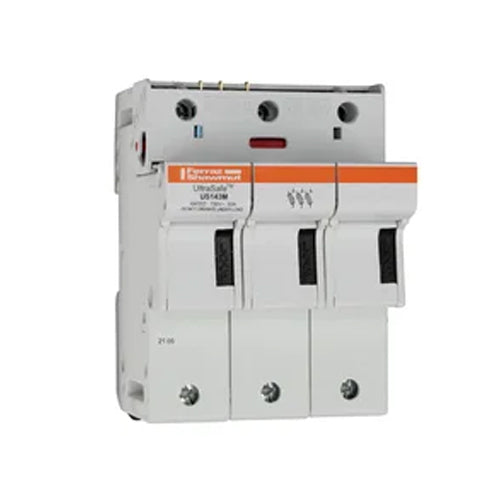 Mersen US143M, UltraSafe US14 Modular fuse-holder for 14x51 fuse links, 750VAC/DC, 3-Pole, 50A, with Auxiliary Microswitch