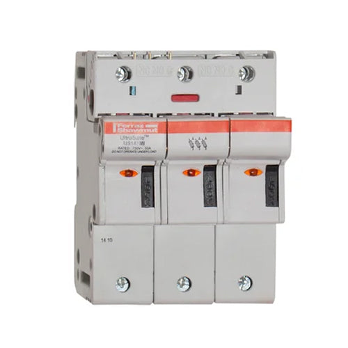 Mersen US143MI, UltraSafe US14 Modular fuse-holder for 14x51 fuse links, 750VAC/DC, 3-Pole, 50A, with Indicator and Auxiliary Microswitch
