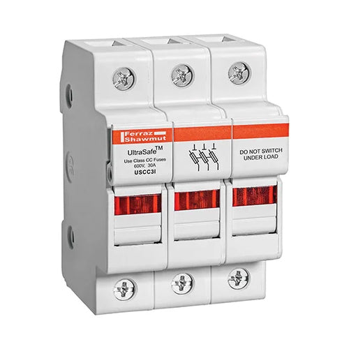 Mersen USCC3I, UltraSafe USCC Class CC Fuse Holder, 600VAC/DC, 30A, 3-Pole, with Indicator