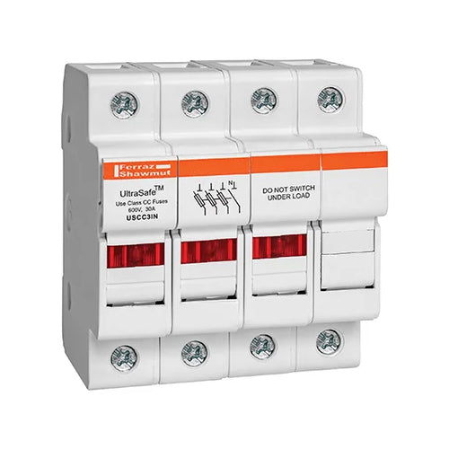 Mersen USCC3IN, UltraSafe USCC Class CC Fuse Holder, 600VAC/DC, 30A, 3-Pole+N, with Indicator