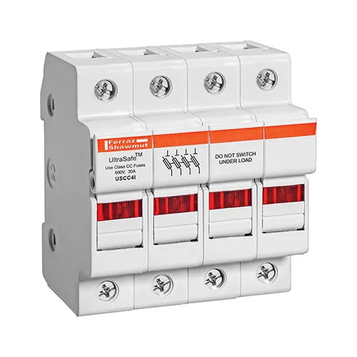 Mersen USCC4I, UltraSafe USCC Class CC Fuse Holder, 600VAC/DC, 30A, 4-Pole, with Indicator