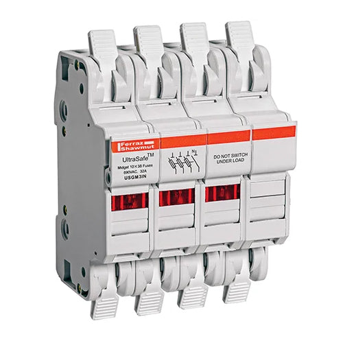 Mersen USGM3IN, UltraSafe USGM Midget Fuse Holder, 600VAC/DC, 30A, 3-Pole+N, with Indicator