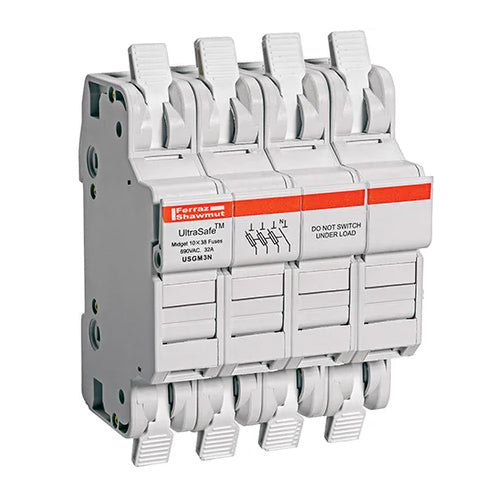 Mersen USGM3N, UltraSafe USGM Midget Fuse Holder, 750VAC/1000VDC, 30A, 3-Pole+N, without Indicator