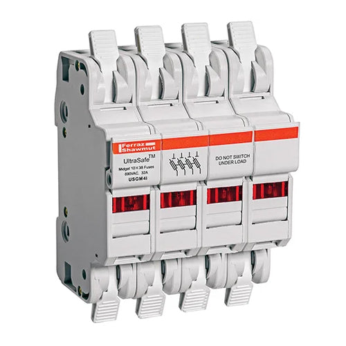 Mersen USGM4I, UltraSafe USGM Midget Fuse Holder, 600VAC/DC, 30A, 4-Pole, with Indicator