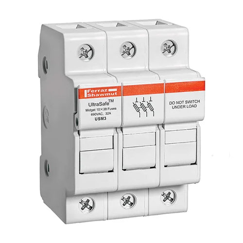 Mersen USM3, UltraSafe USM Midget Fuse Holder, 800VAC/1000VDC, 30A, 3-Pole, without Indicator