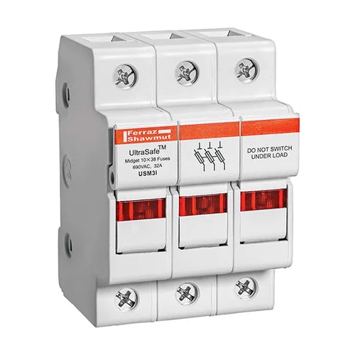 Mersen USM3I, UltraSafe USM Midget Fuse Holder, 600VAC/DC, 30A, 3-Pole, with Indicator